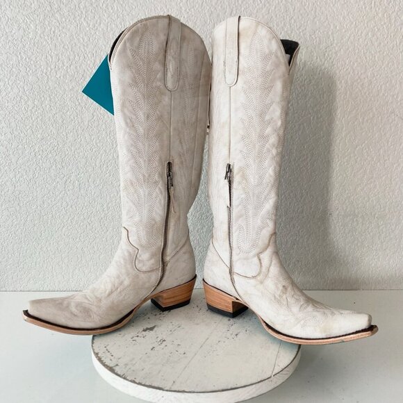 Lane LEXINGTON Knee High Tall Womens Cowboy Boots 9 White Western Cowgirl Zipper - Picture 7 of 11